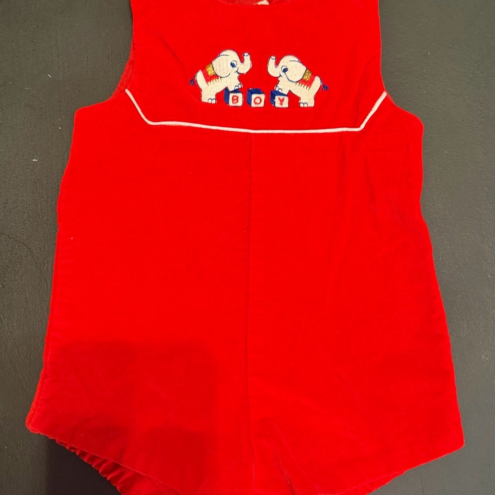 Vintage Red velvet Baby Romper with Elephant Embroidery